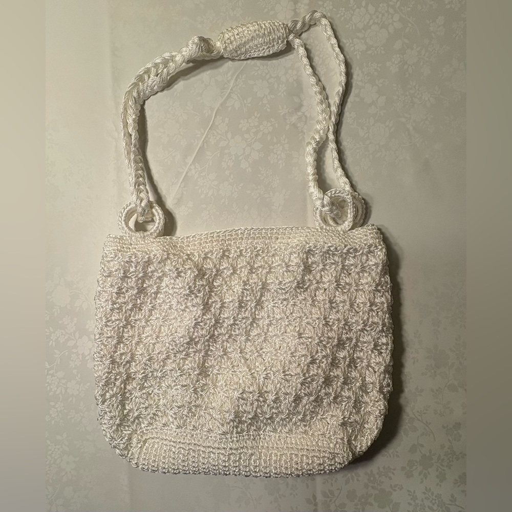 NWOT Macrame Bag: White, Snap Closure, Fabric Lined
